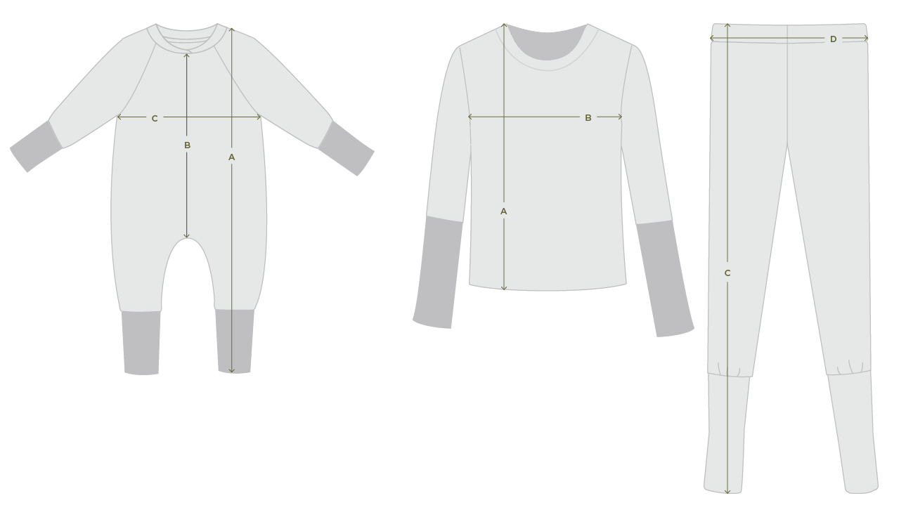 Size measurement onesies and pyjamas for eczema friendly clothing